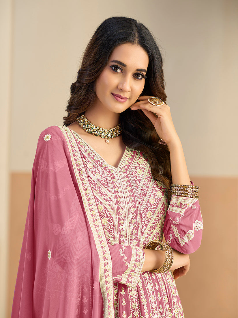 Monjolika Fashion Faux Georgette Embroidered Pink Anarkali Salwar Kameez