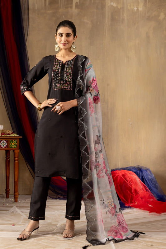 Pramukh Fab Black Color Roman Silk Kurta Set