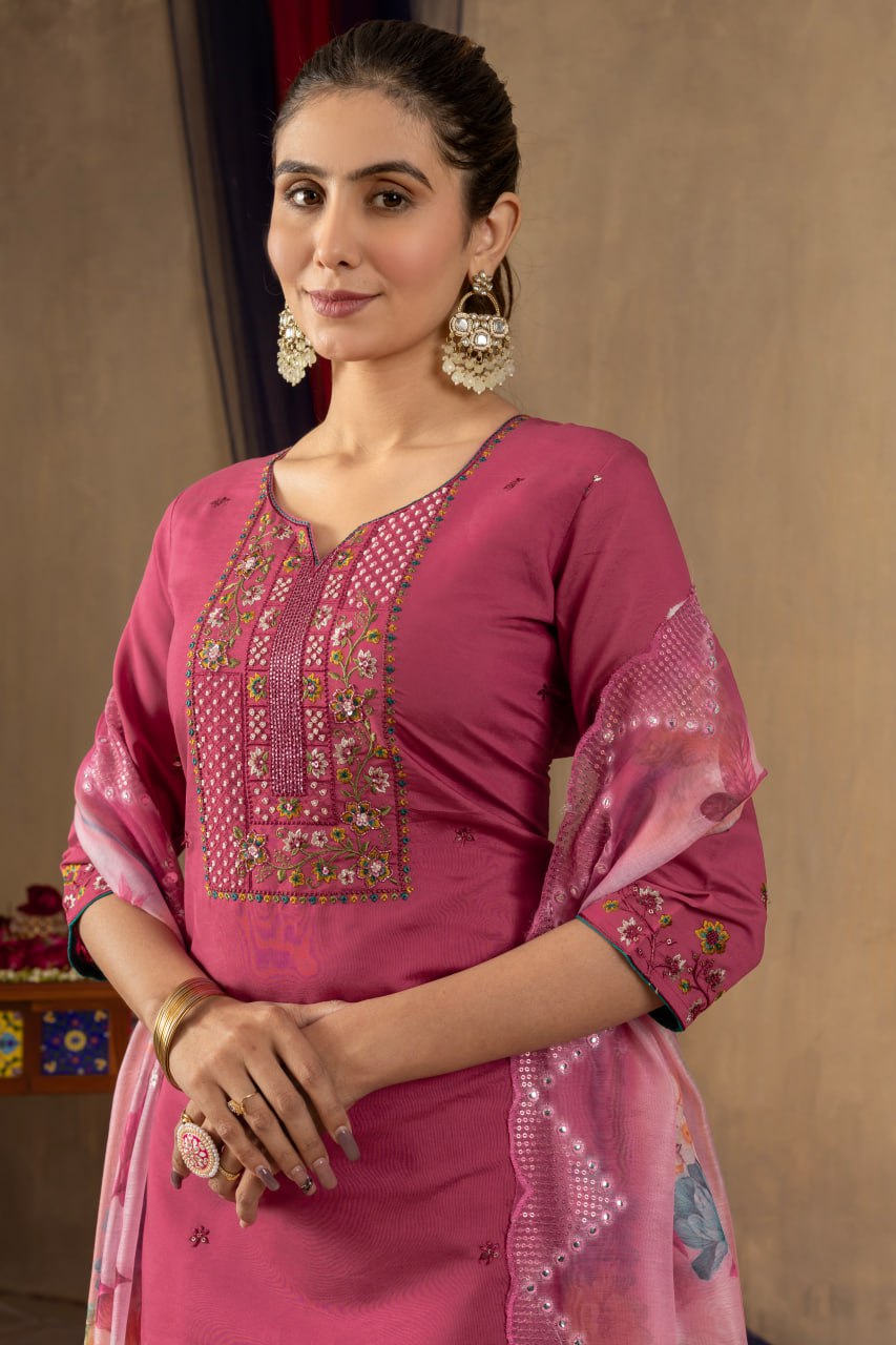 Pramukh Fab Pink Color Roman Silk Kurta Set