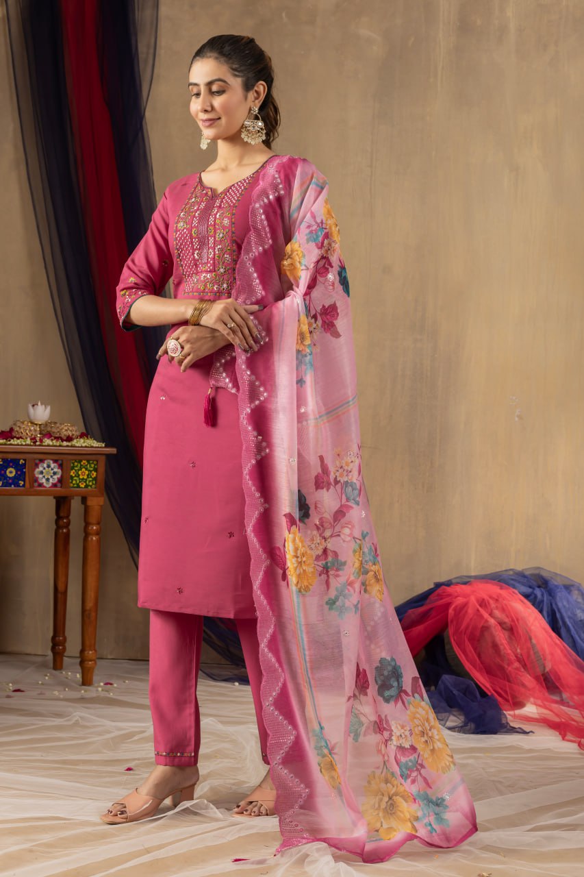 Pramukh Fab Pink Color Roman Silk Kurta Set