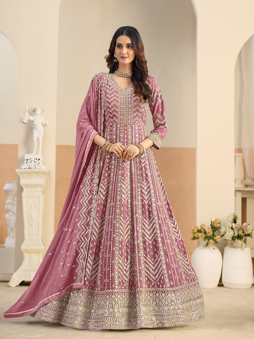 Monjolika Fashion Faux Georgette Pink Embroidered Anarkali Salwar Kameez