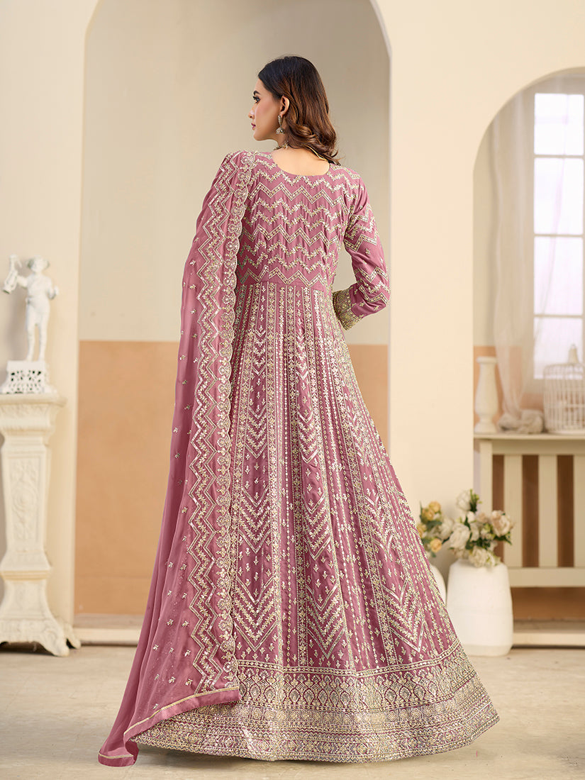 Monjolika Fashion Faux Georgette Pink Embroidered Anarkali Salwar Kameez