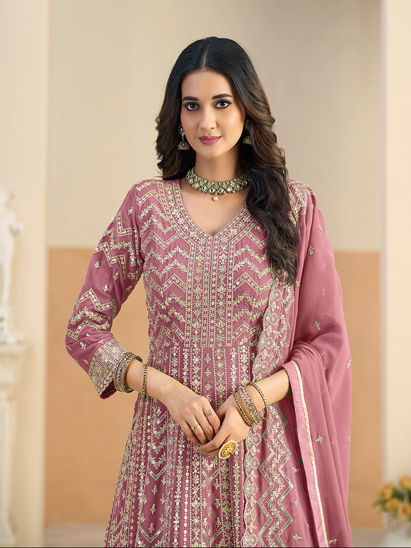 Monjolika Fashion Faux Georgette Pink Embroidered Anarkali Salwar Kameez