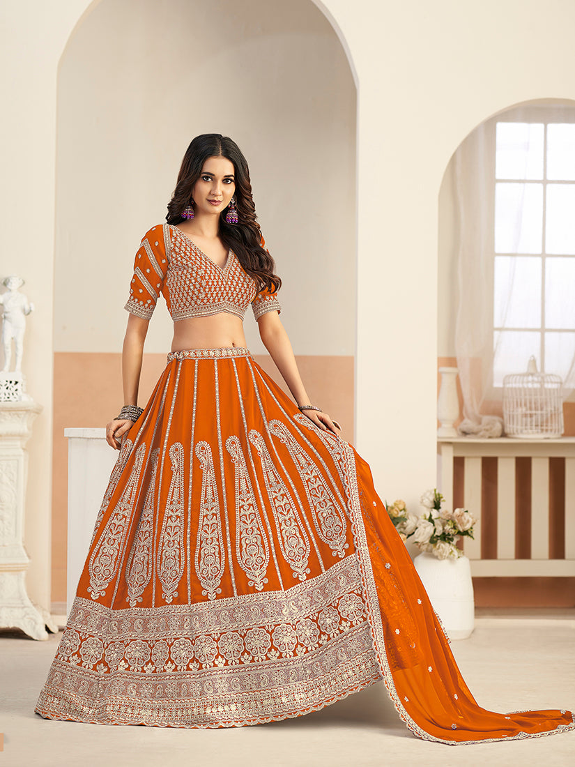 Monjolika Fashion Orange Faux Georgette Embroidered Lehenga Choli