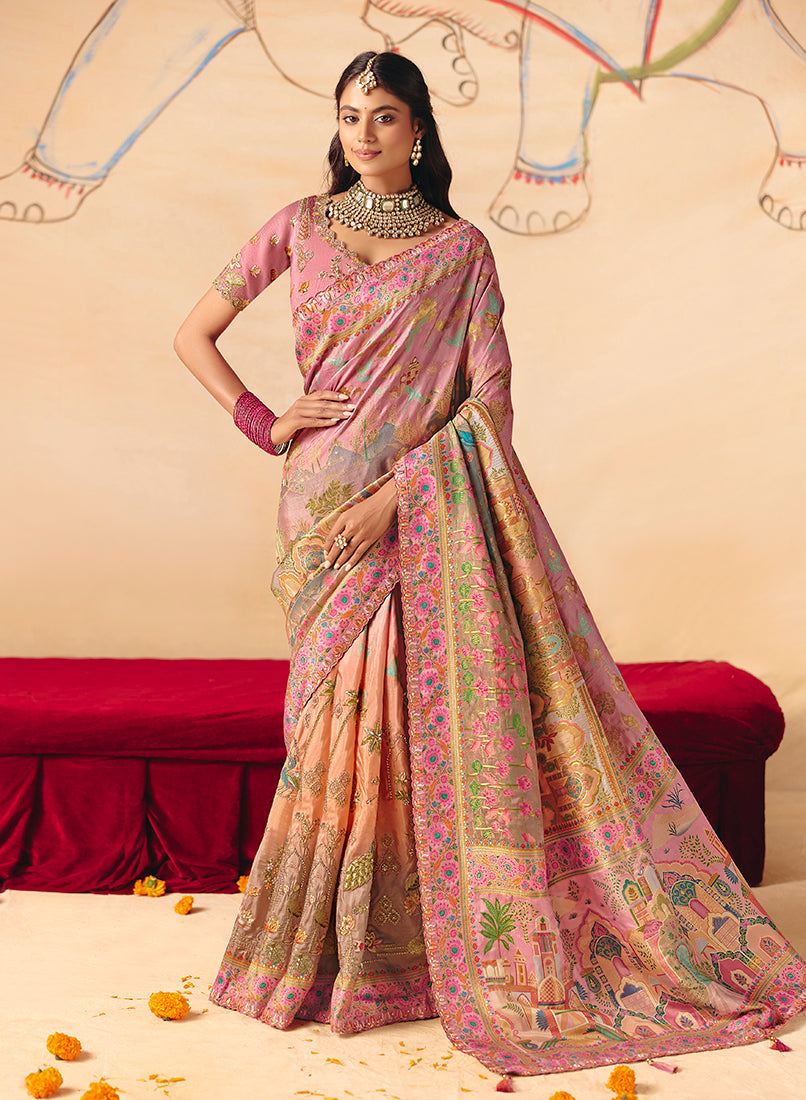 Monjolika Fashion Pink Embroidered Silk Blend Saree