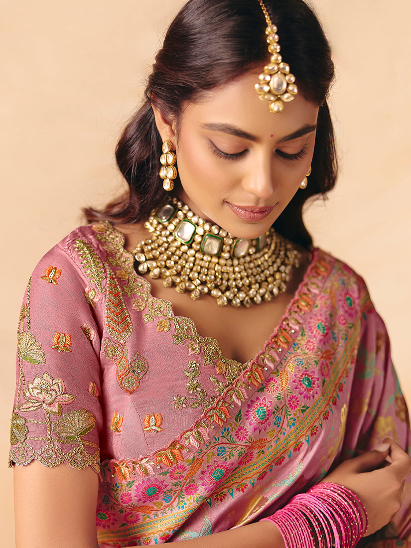 Monjolika Fashion Pink Embroidered Silk Blend Saree