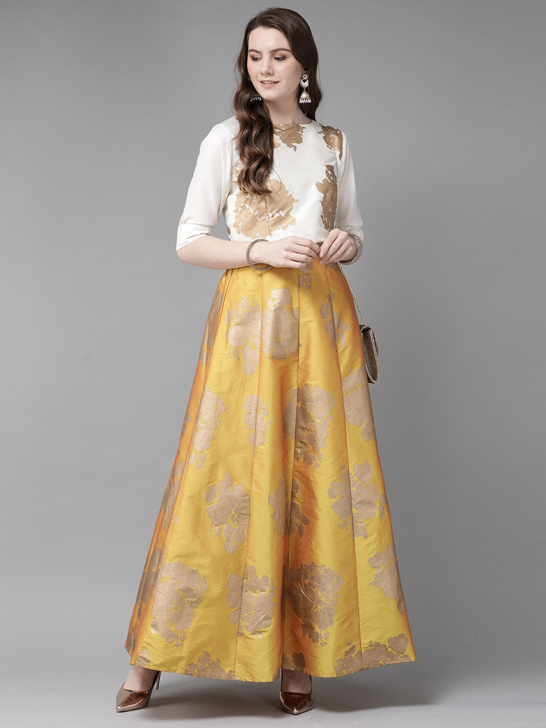 Juniper Women Mustard Dupion Printed Flared Lehenga Choli Sets