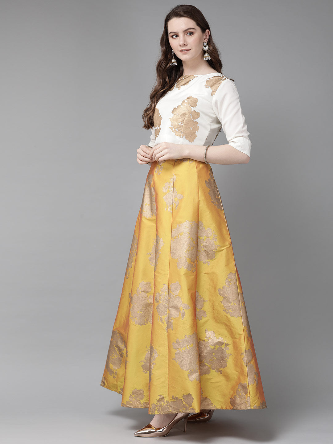 Juniper Women Mustard Dupion Printed Flared Lehenga Choli Sets