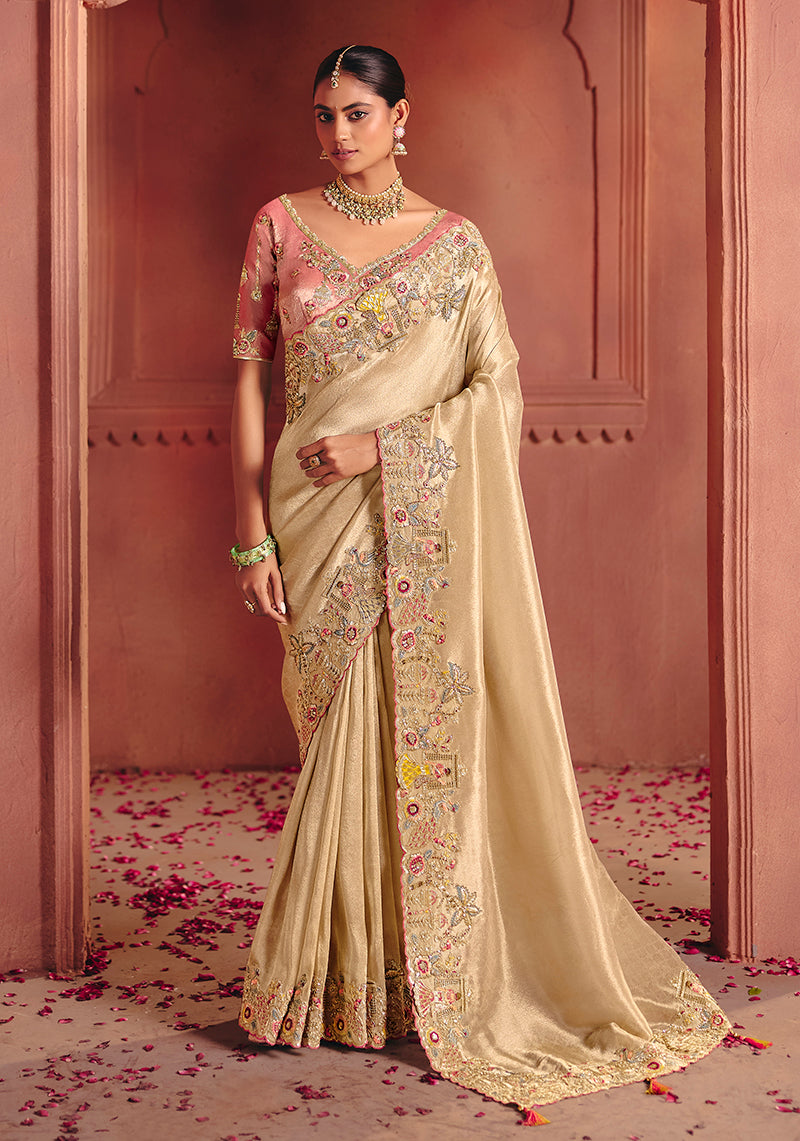Monjolika Fashion Cream Silk Blend Embroidered Saree