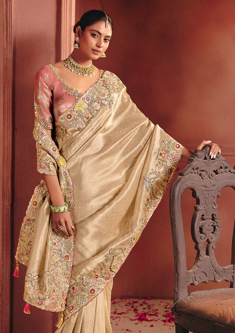 Monjolika Fashion Cream Silk Blend Embroidered Saree