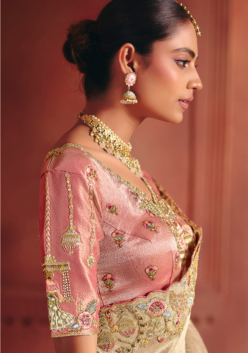 Monjolika Fashion Cream Silk Blend Embroidered Saree