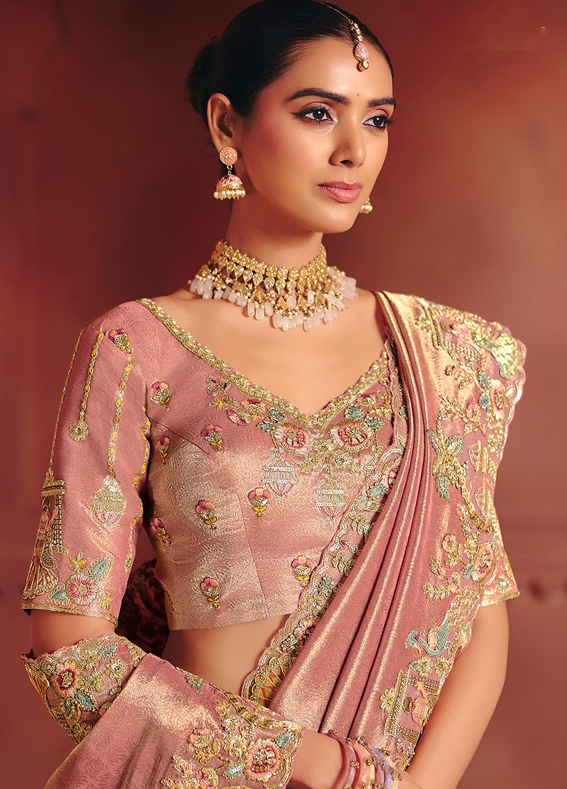 Monjolika Fashion Pink Silk Blend Embroidered Saree