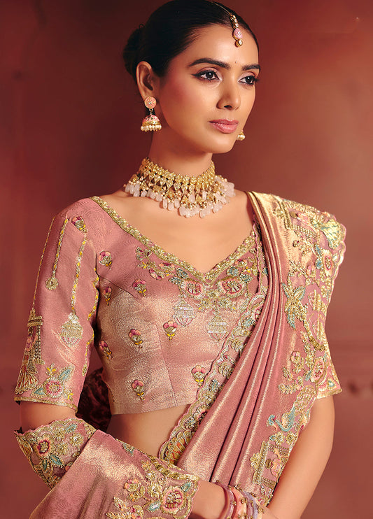 Monjolika Fashion Pink Silk Blend Embroidered Saree