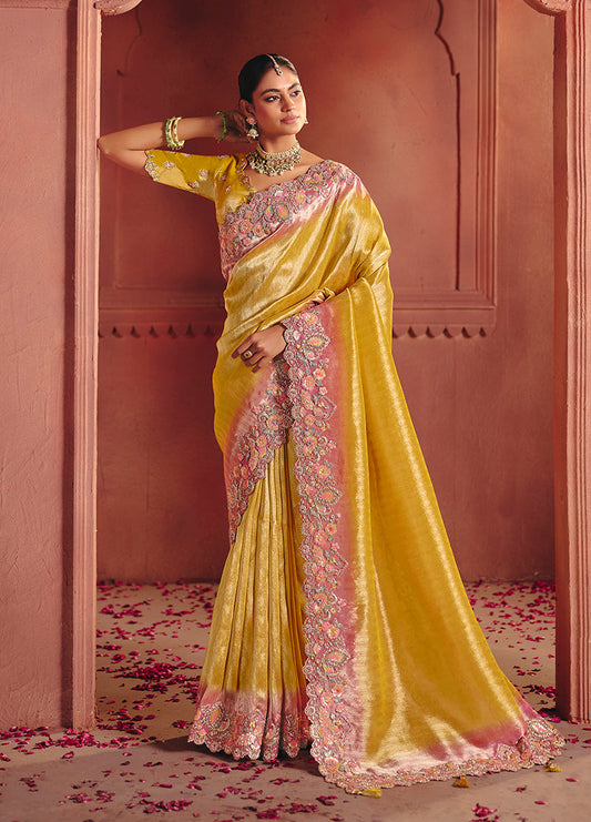 Monjolika Fashion Yellow Silk Blend Embroidered Saree