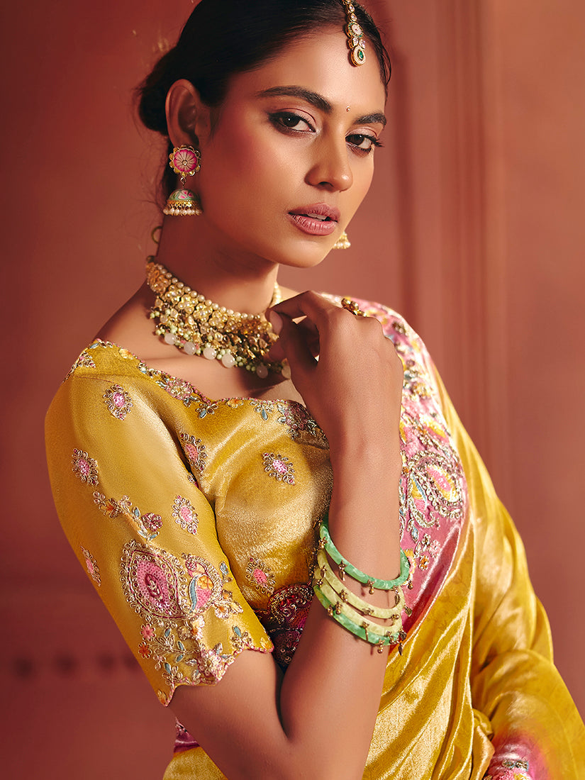 Monjolika Fashion Yellow Silk Blend Embroidered Saree