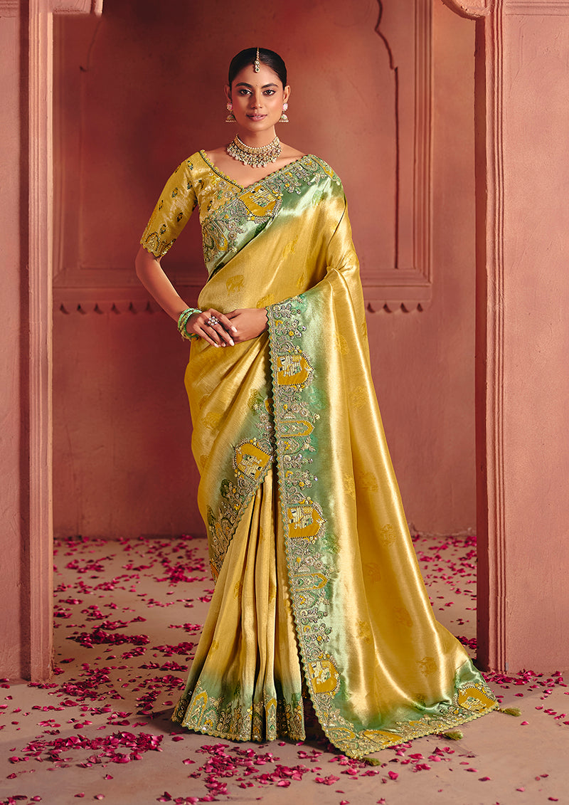 Monjolika Fashion Mustard Silk Blend Embroidered Saree
