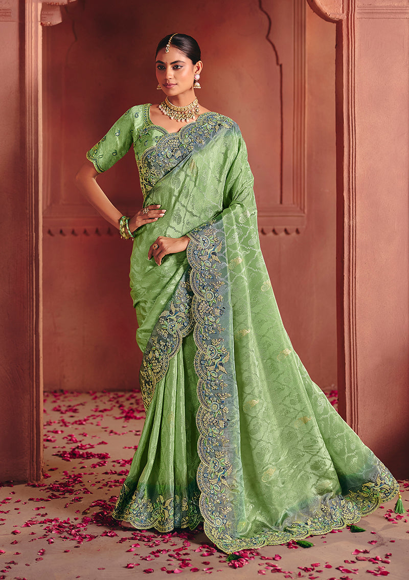 Monjolika Fashion Jacquard Sea Green Embroidered Wedding Saree