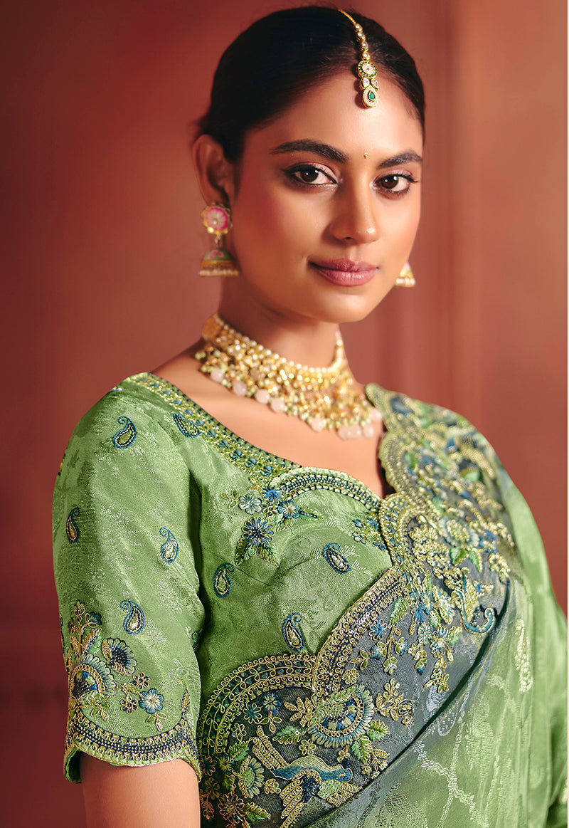 Monjolika Fashion Jacquard Sea Green Embroidered Wedding Saree