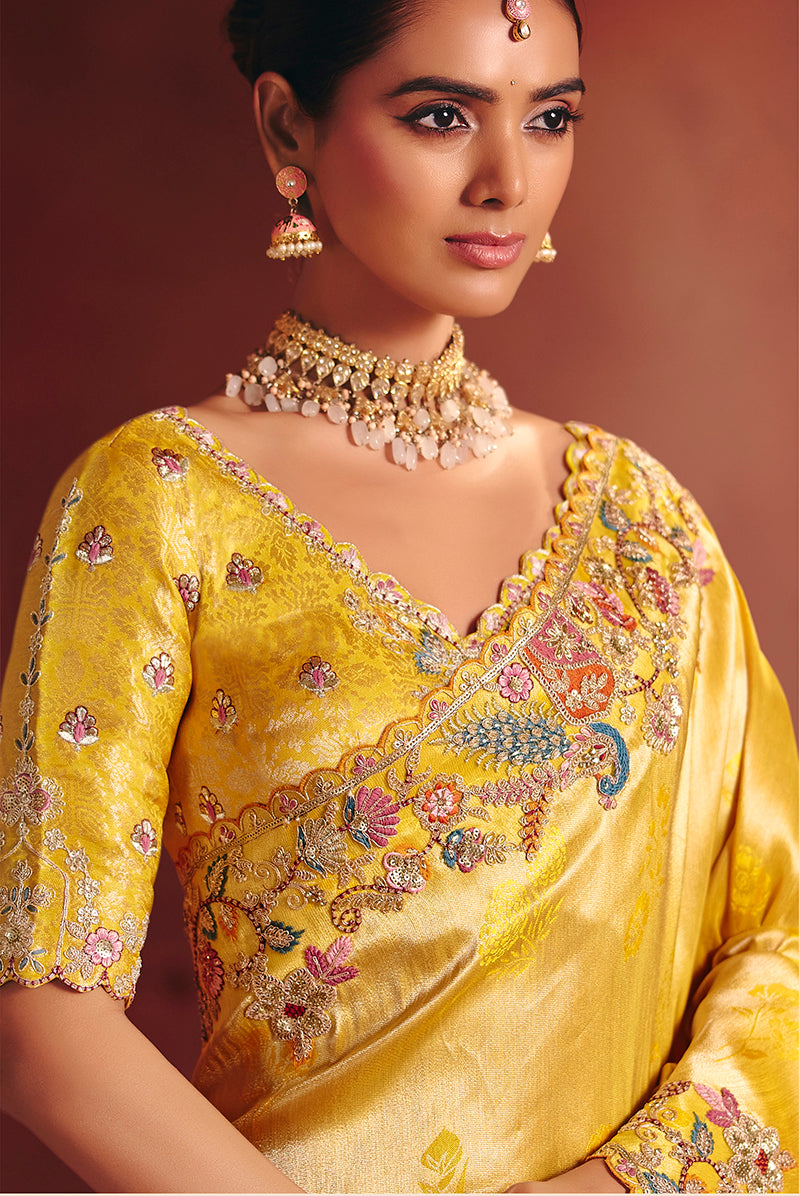 Monjolika Fashion Yellow Silk Blend Embroidered Saree