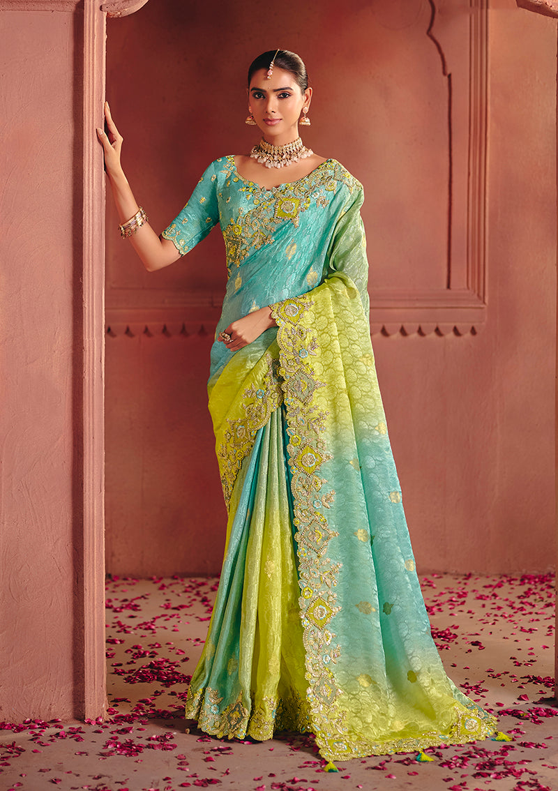Monjolika Fashion Jacquard Multicolor Embroidered Wedding Saree