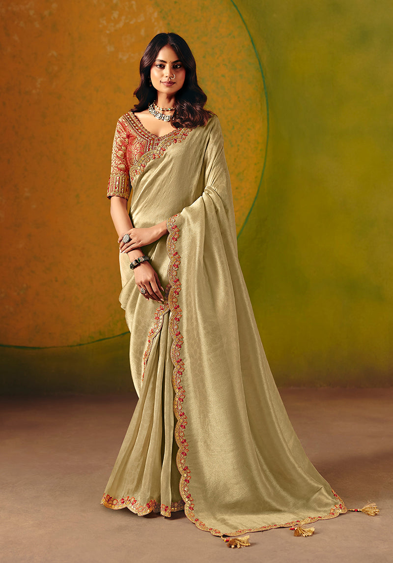 Monjolika Fashion Beige Embroidered Silk Blend Saree