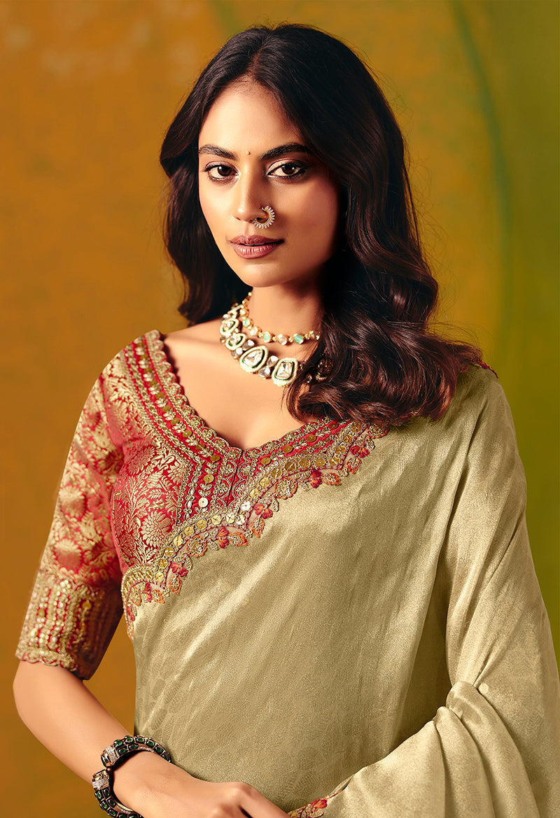 Monjolika Fashion Beige Embroidered Silk Blend Saree