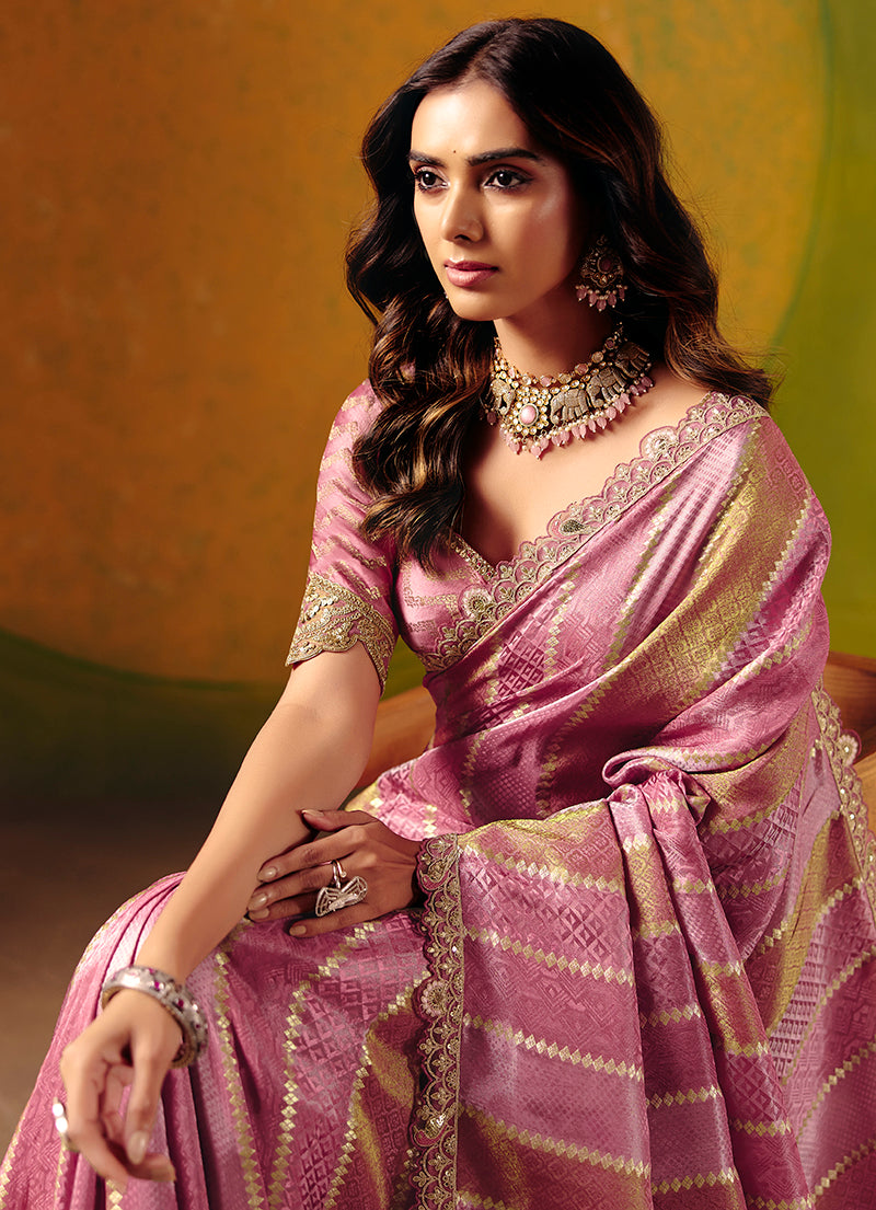 Monjolika Fashion Onion Pink Embroidered Jacquard Saree