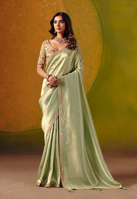 Monjolika Fashion Pista Green Embroidered Silk Blend Saree
