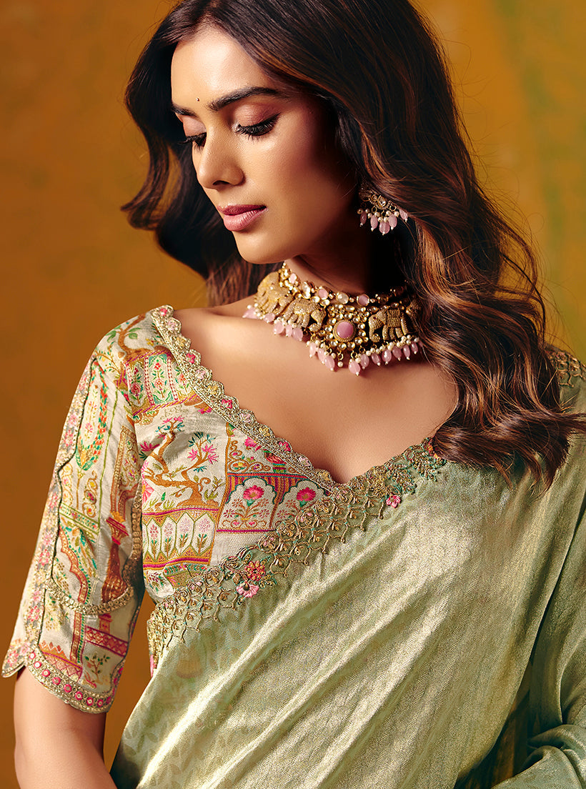 Monjolika Fashion Pista Green Embroidered Silk Blend Saree