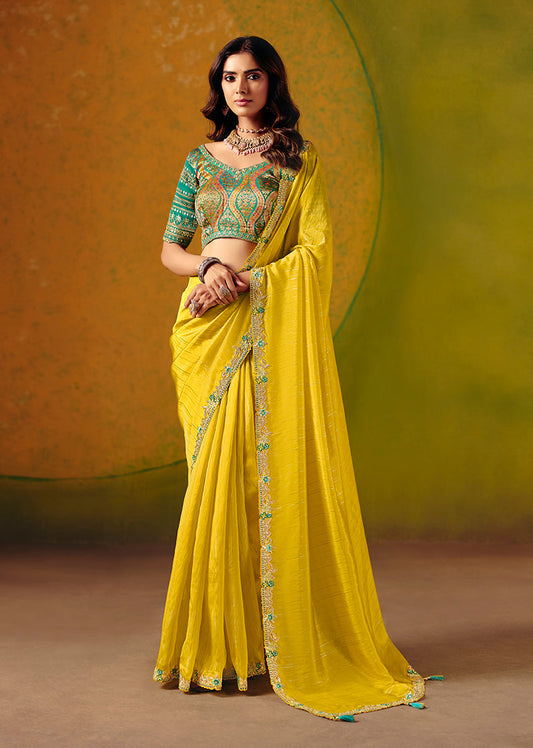 Monjolika Fashion Yellow Embroidered Silk Blend Saree