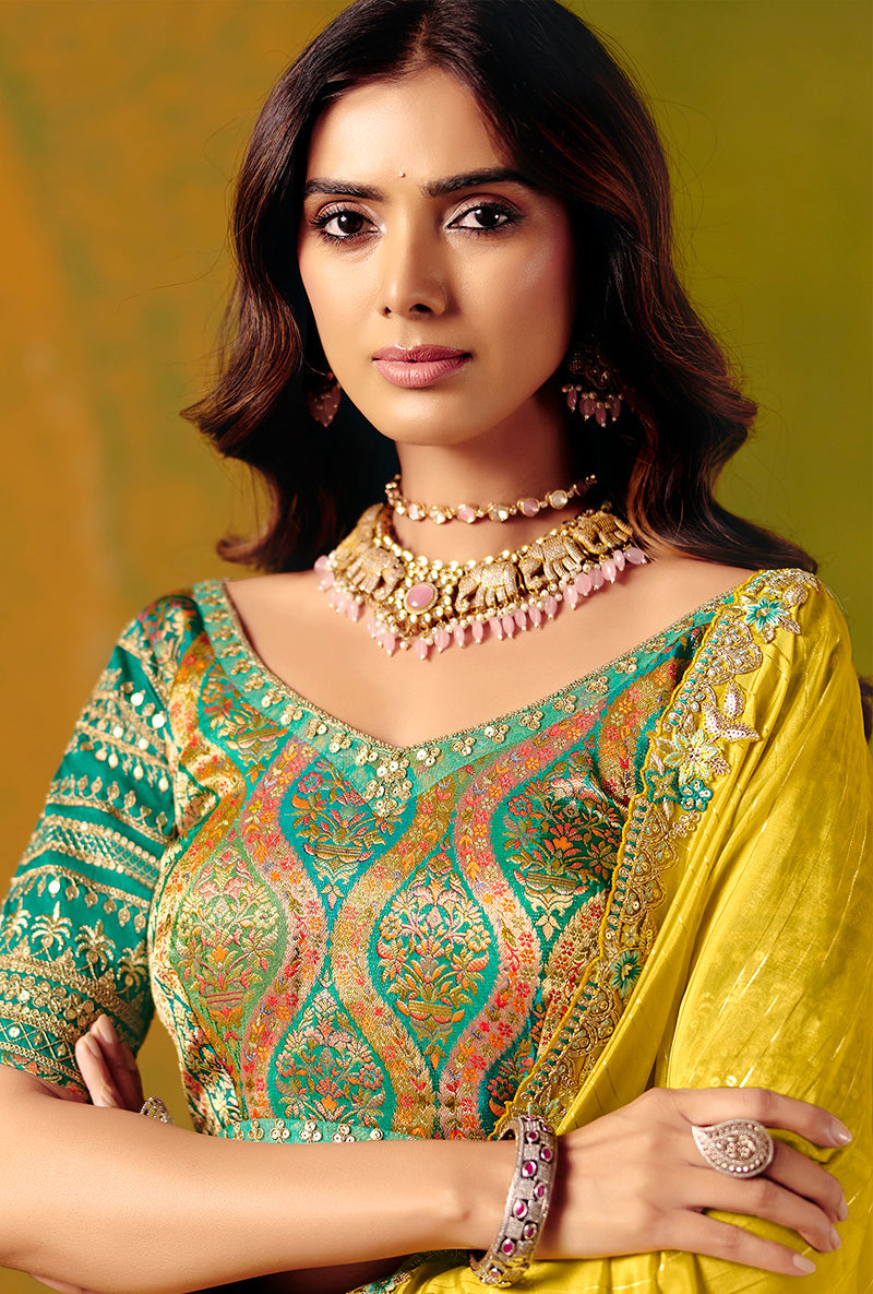 Monjolika Fashion Yellow Embroidered Silk Blend Saree