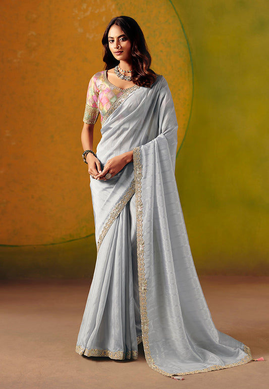 Monjolika Fashion Light Grey Embroidered Silk Blend Saree