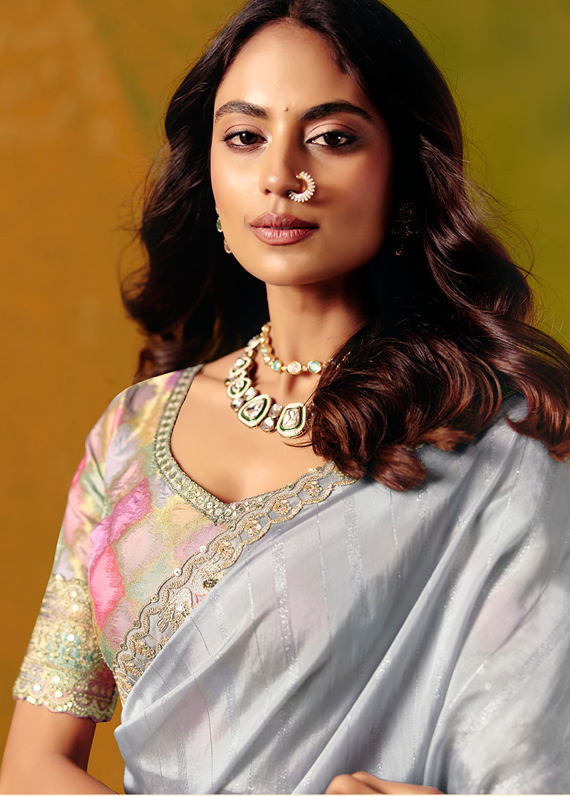 Monjolika Fashion Light Grey Embroidered Silk Blend Saree