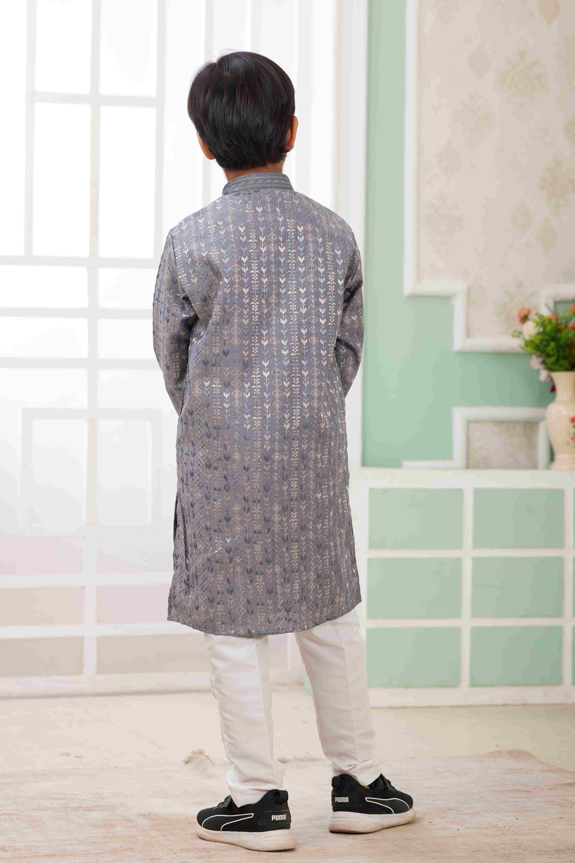 Raivat Ethnic Art Silk Embroidery Work Kids Kurta Pajama In Grey Colour