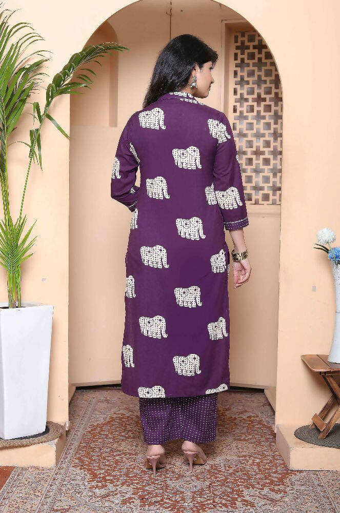Miravan Womens Purple Printed Kurta With Palazzo