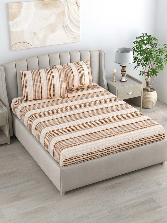 DREAM WEAVERZ Beige & Brown Striped Pure Cotton 220 TC King Bedsheet With 2 Pillow Covers 