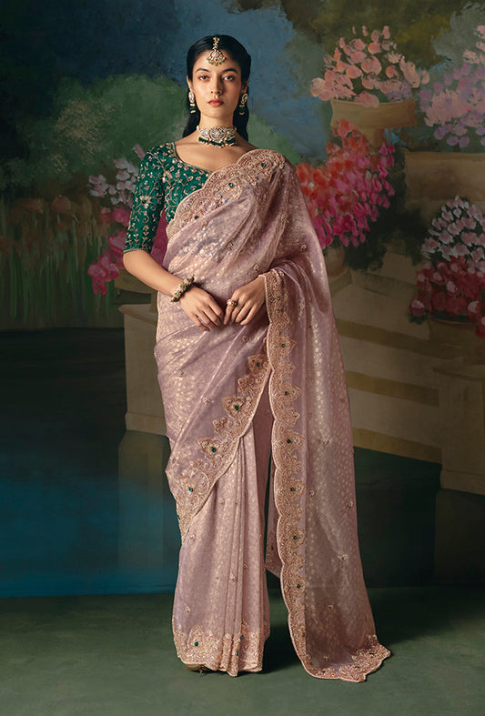 Monjolika Fashion Fancy Fabric Embroidered Saree in Dusty Pink