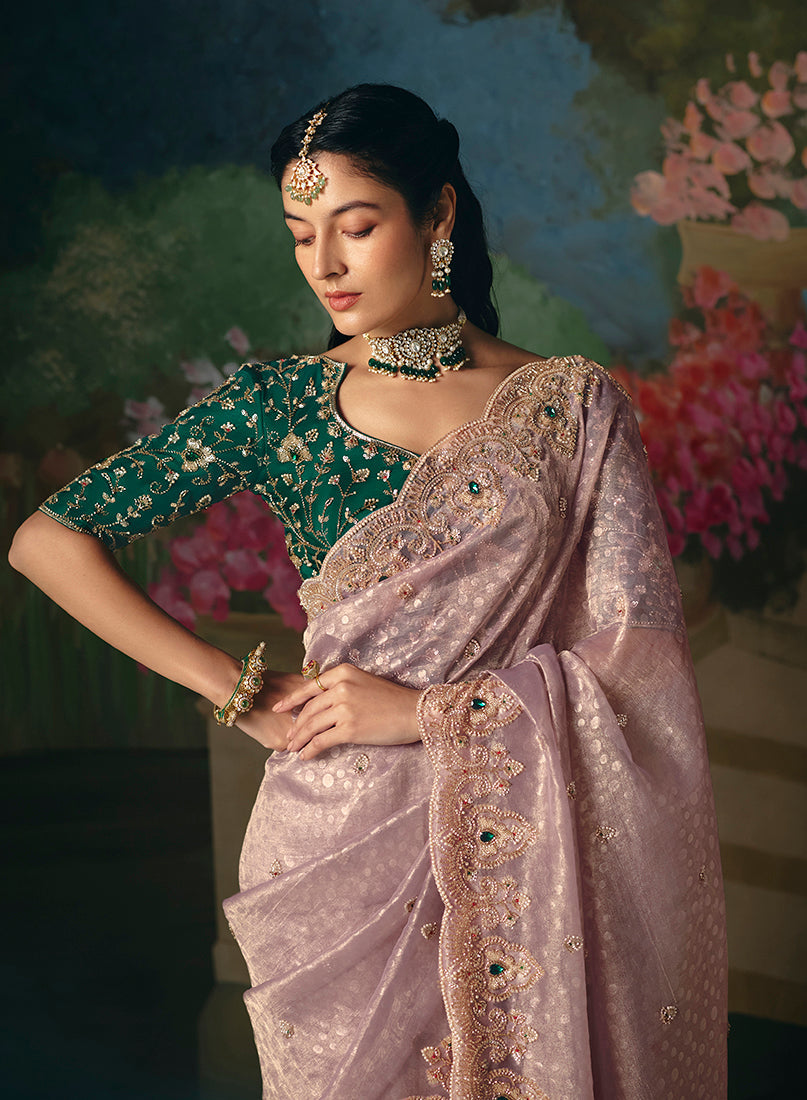 Monjolika Fashion Fancy Fabric Embroidered Saree in Dusty Pink