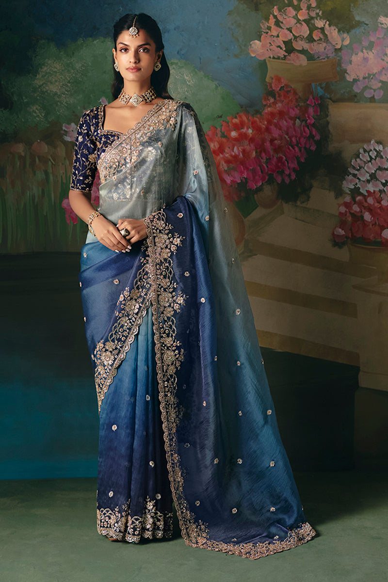Monjolika Fashion Fancy Fabric Embroidered Saree in Blue
