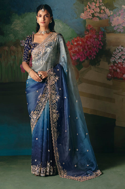 Monjolika Fashion Fancy Fabric Embroidered Saree in Blue
