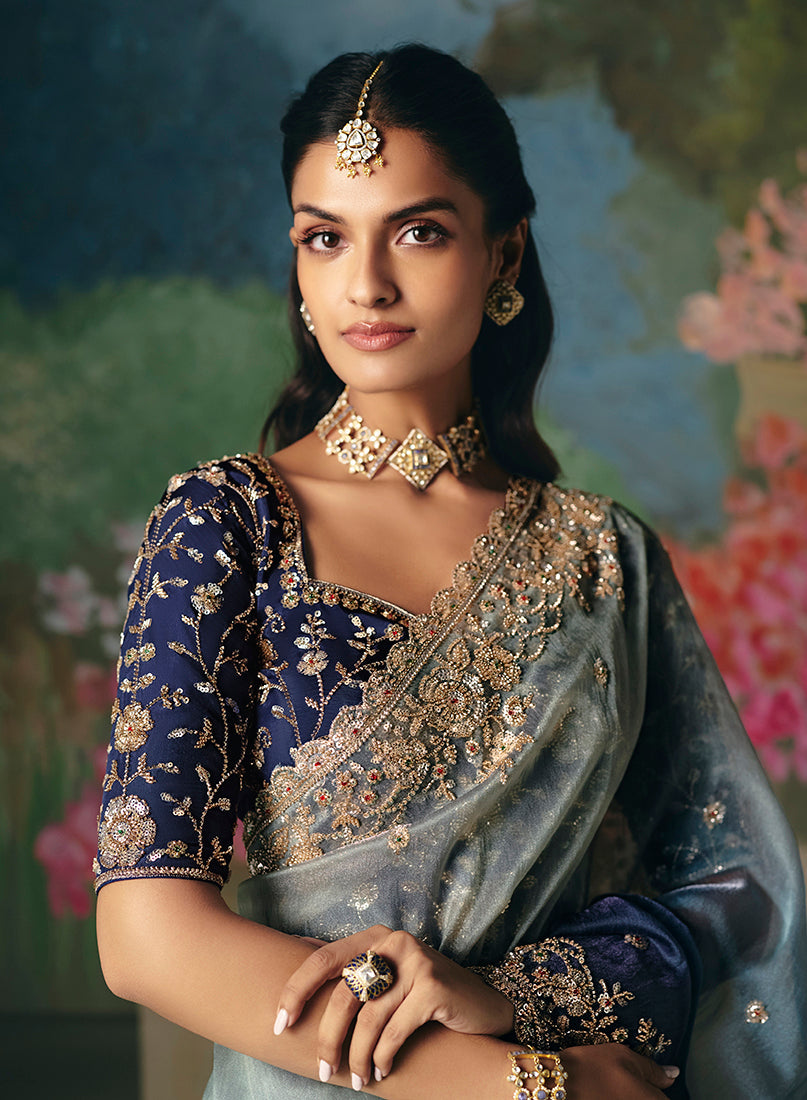 Monjolika Fashion Fancy Fabric Embroidered Saree in Blue