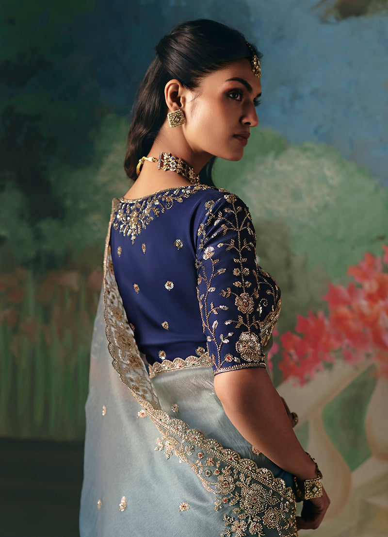 Monjolika Fashion Fancy Fabric Embroidered Saree in Blue