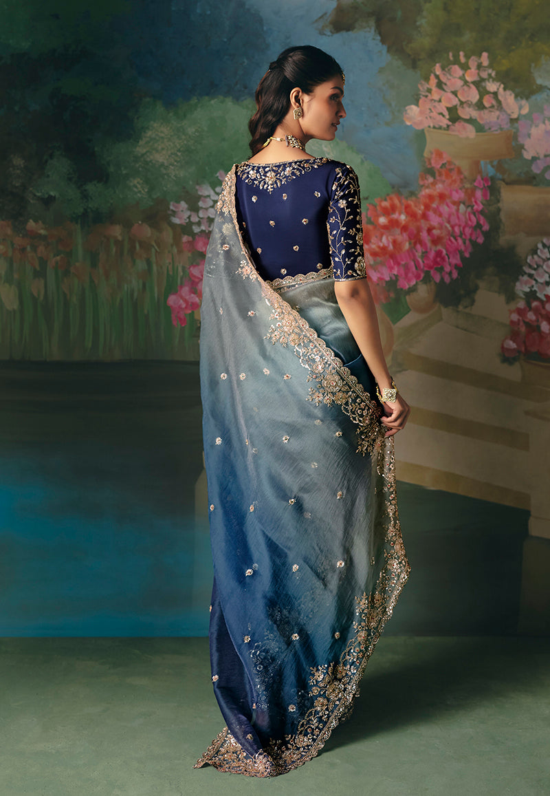 Monjolika Fashion Fancy Fabric Embroidered Saree in Blue