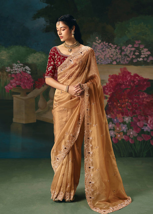 Monjolika Fashion Fancy Fabric Embroidered Saree in Peach