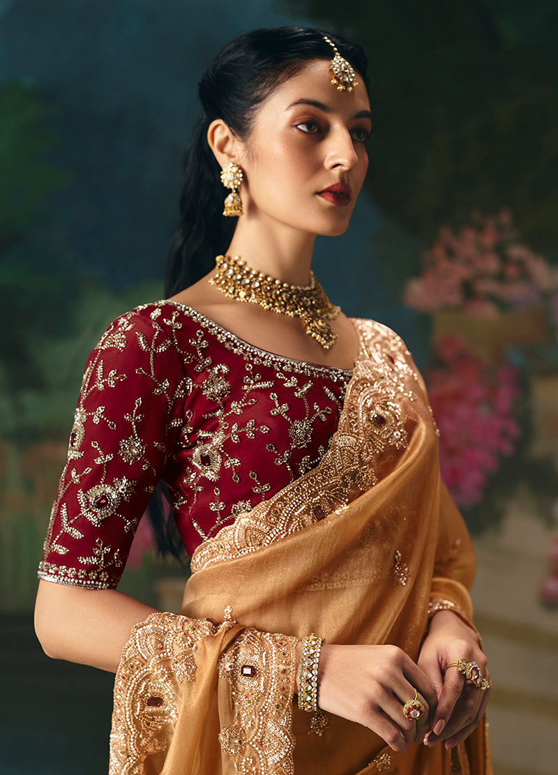 Monjolika Fashion Fancy Fabric Embroidered Saree in Peach