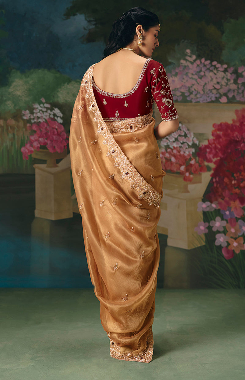 Monjolika Fashion Fancy Fabric Embroidered Saree in Peach