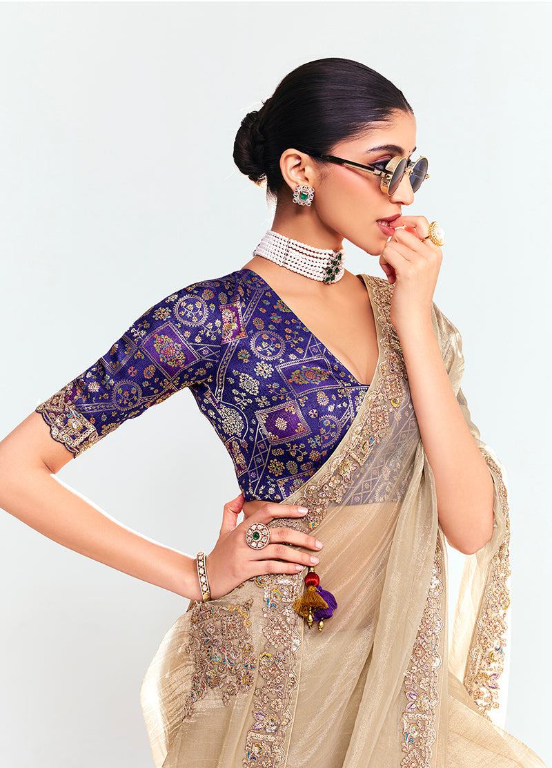 Monjolika Fashion Fancy Fabric Embroidered Beige Saree