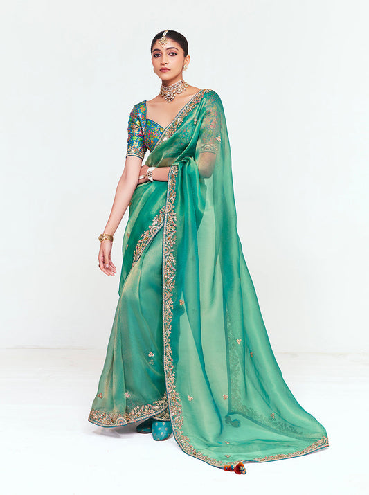 Monjolika Fashion Fancy Fabric Embroidered Sea Green Saree