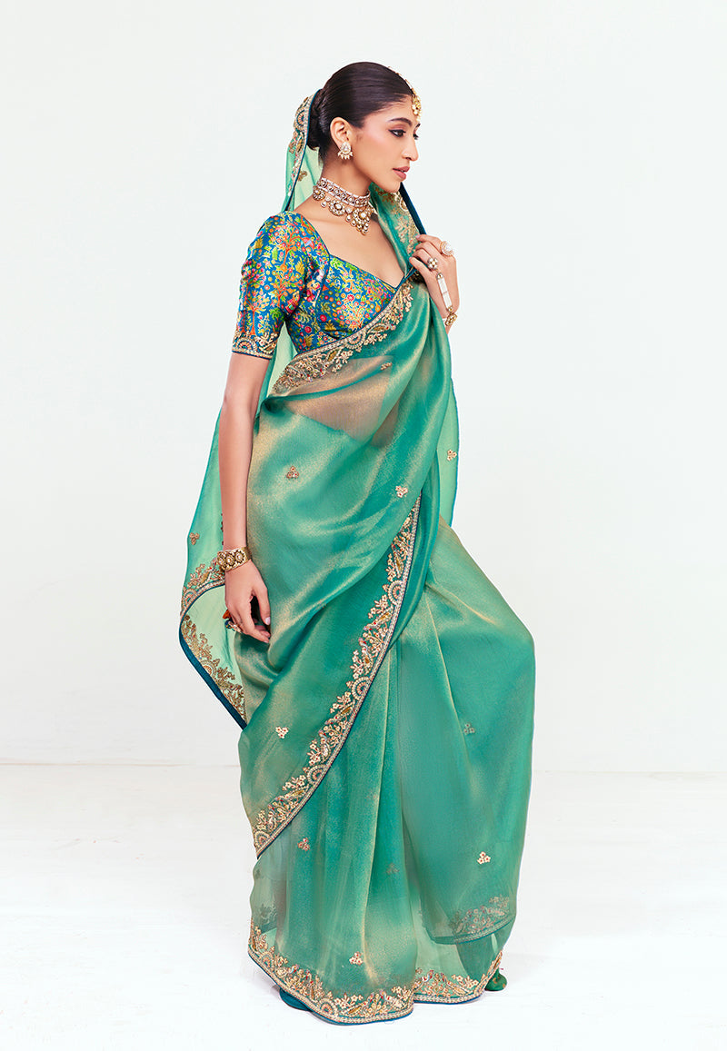 Monjolika Fashion Fancy Fabric Embroidered Sea Green Saree
