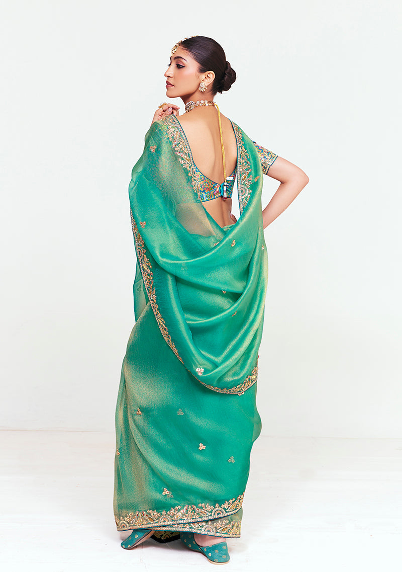 Monjolika Fashion Fancy Fabric Embroidered Sea Green Saree
